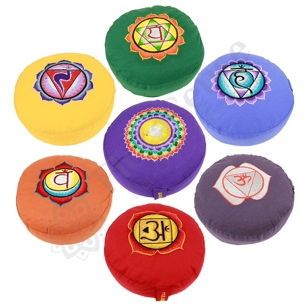 Meditációs párna - kerek - 7 csakra színeiben és szimbólumokkal